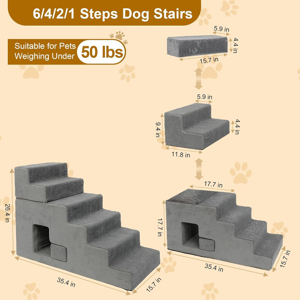 Dog Stairs for Small Dogs 27”H, 6-Step Dog Steps for High Bed, High-Density Foam Pet Stairs with