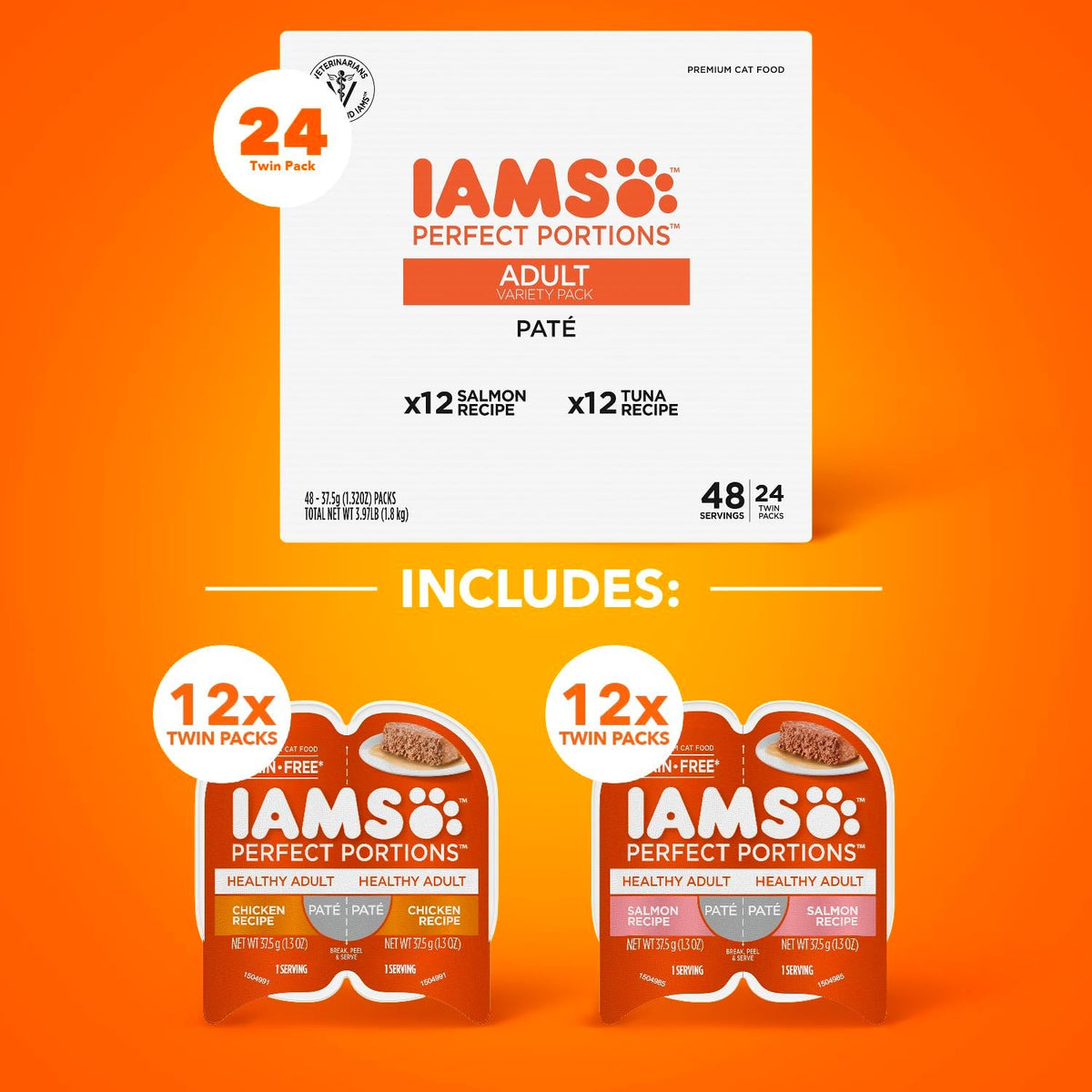 IAMS Perfect Portions Healthy Adult Wet Cat Food Pate, Chicken and Salmon Recipe Variety Pack, 2.6