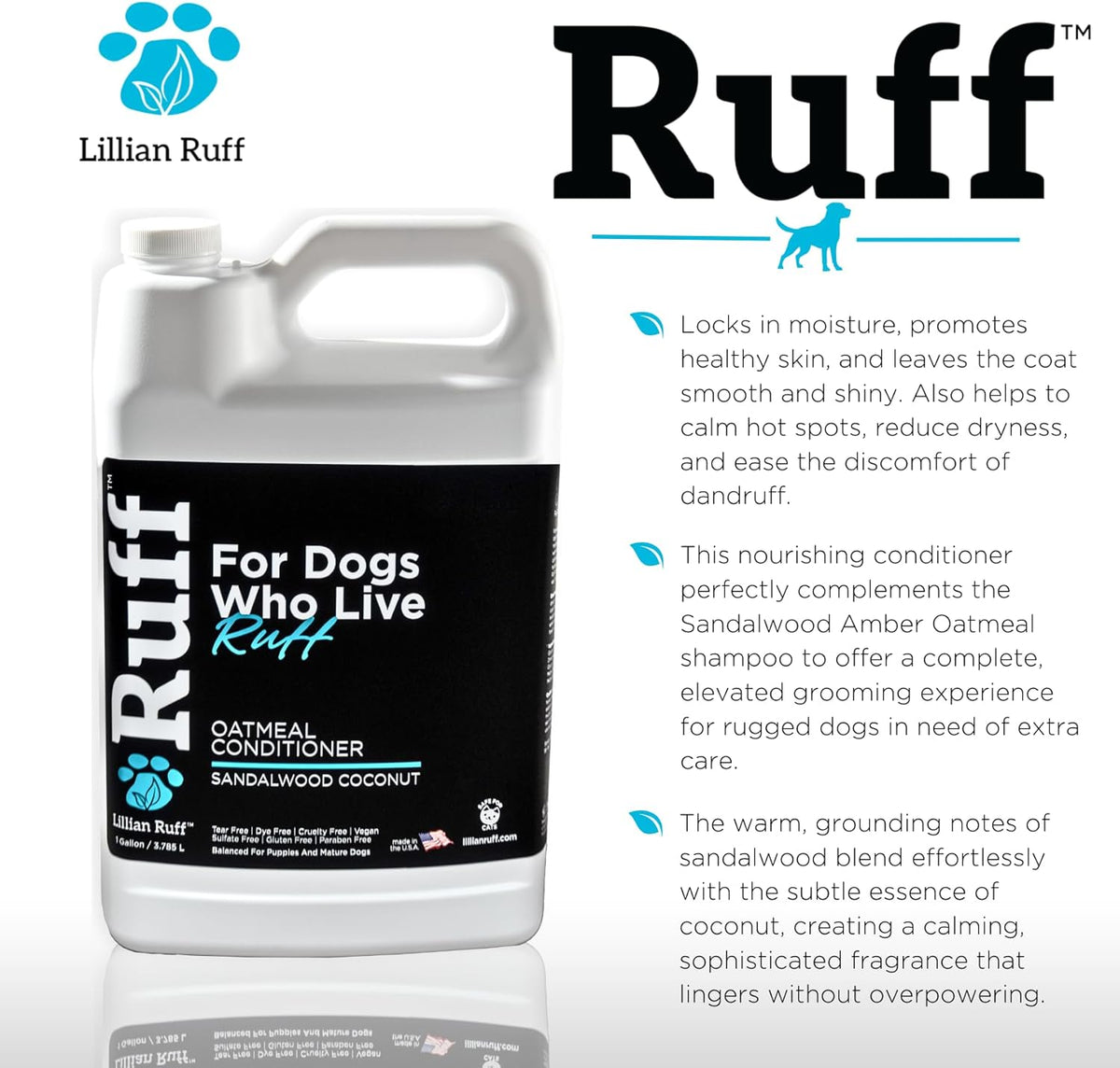 Ruff by Lillian Ruff Sandalwood Coconut Oatmeal Conditioner for Dogs – Moisturize & Soothe Dry