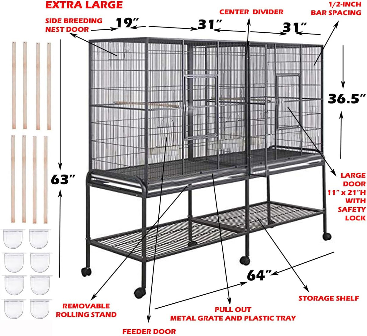 64" Extra Large Double Flight Bird Wrought Iron Double Cage Slide Out Center Divider Side Nesting