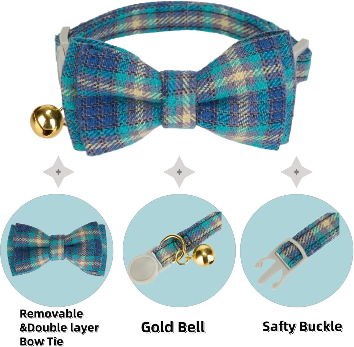 2 Pack Soft Cotton Cat Collars with Bowtie and Bell Breakaway Plaid Cat Kitten Collar(Ocean Blue