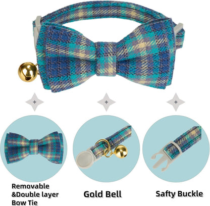 2 Pack Soft Cotton Cat Collars with Bowtie and Bell Breakaway Plaid Cat Kitten Collar(Ocean Blue