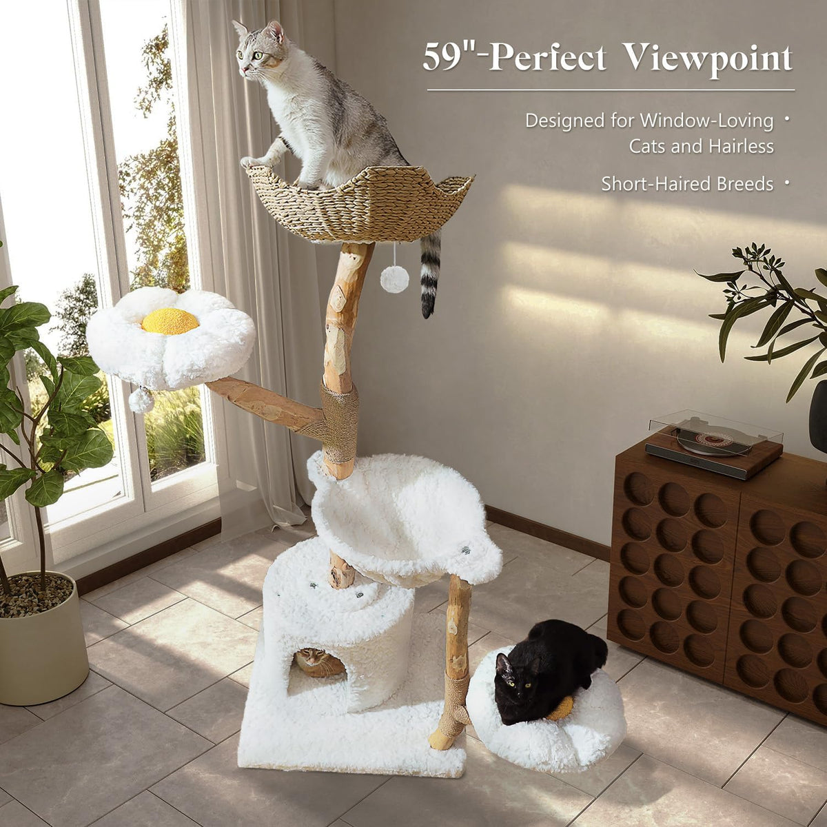 59" Modern Cat Tree Tower for Large Cats w/2 Flower Perches-Natural Solid Wood Scratching Post with