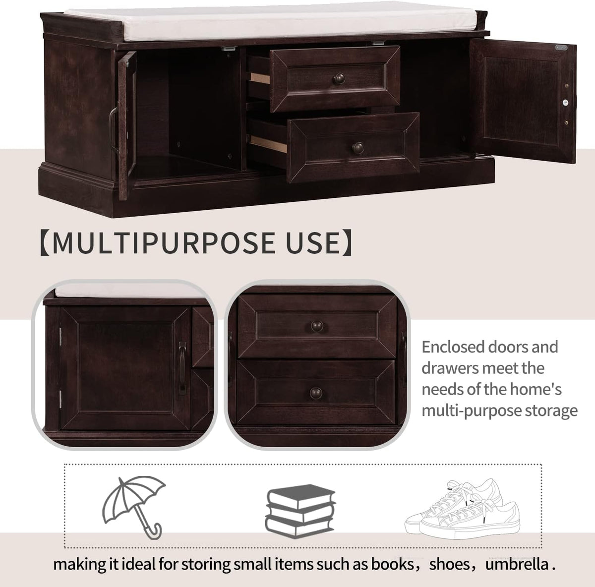 Storage Bench with 2 Drawers and 2 Cabinets, Pine Wood Pine Wood Shoe Bench with Removable Cushion