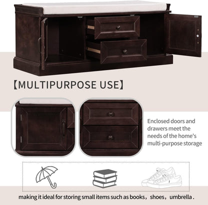 Storage Bench with 2 Drawers and 2 Cabinets, Pine Wood Pine Wood Shoe Bench with Removable Cushion