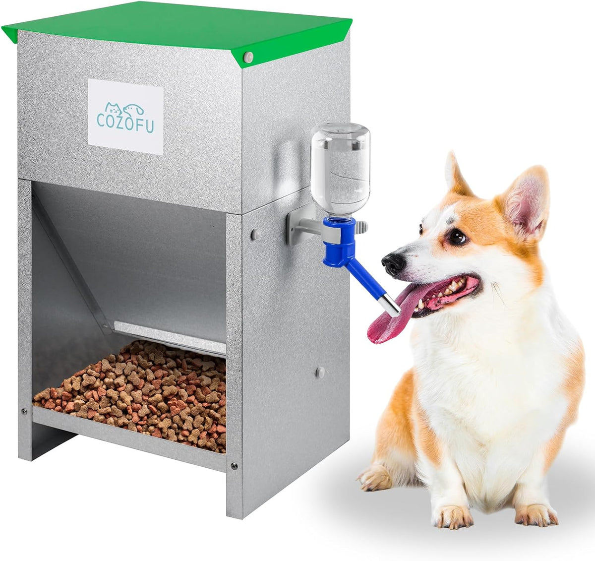 Automatic Gravity-Fed Dog Feeder with Water Bowl - Galvanized Steel Indoor/Outdoor Pet Food Station