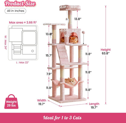 MWPO 63.8-Inch Pink Cat Tree for Indoor Cats, Multi-Level Cat Tower with Sisal-Covered Scratching