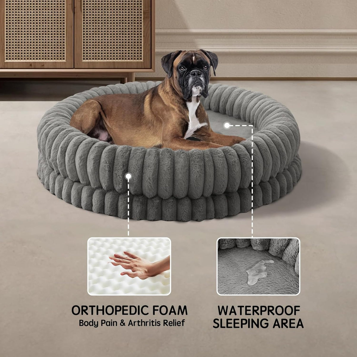 BALANCE Luxury Donut Dog Bed, 43 Inches Round Dog Beds Large Sized Dogs Washable, Orthopedic