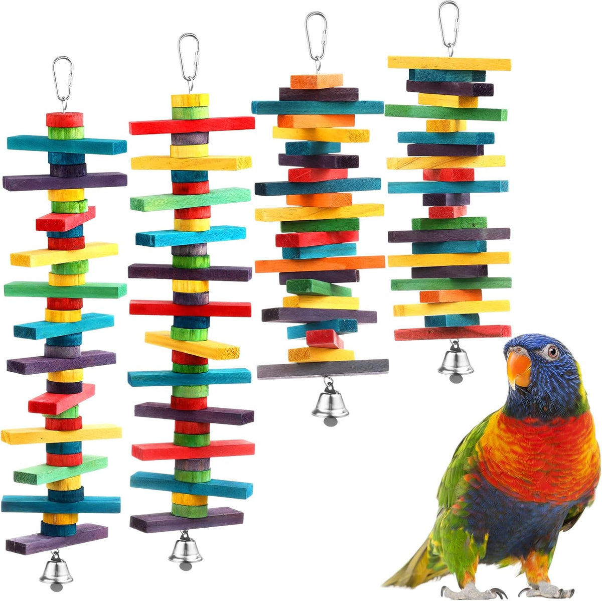 JaGely 4 Pcs Bird Parrot Toys with Multicolored Natural Wood Blocks, Bird Chew Toys for Large