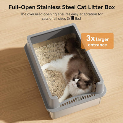 28" Extra Large XXL Stainless Steel Cat Litter Boxes with Lid Metal Cat Litterbox Pan for Big Cats