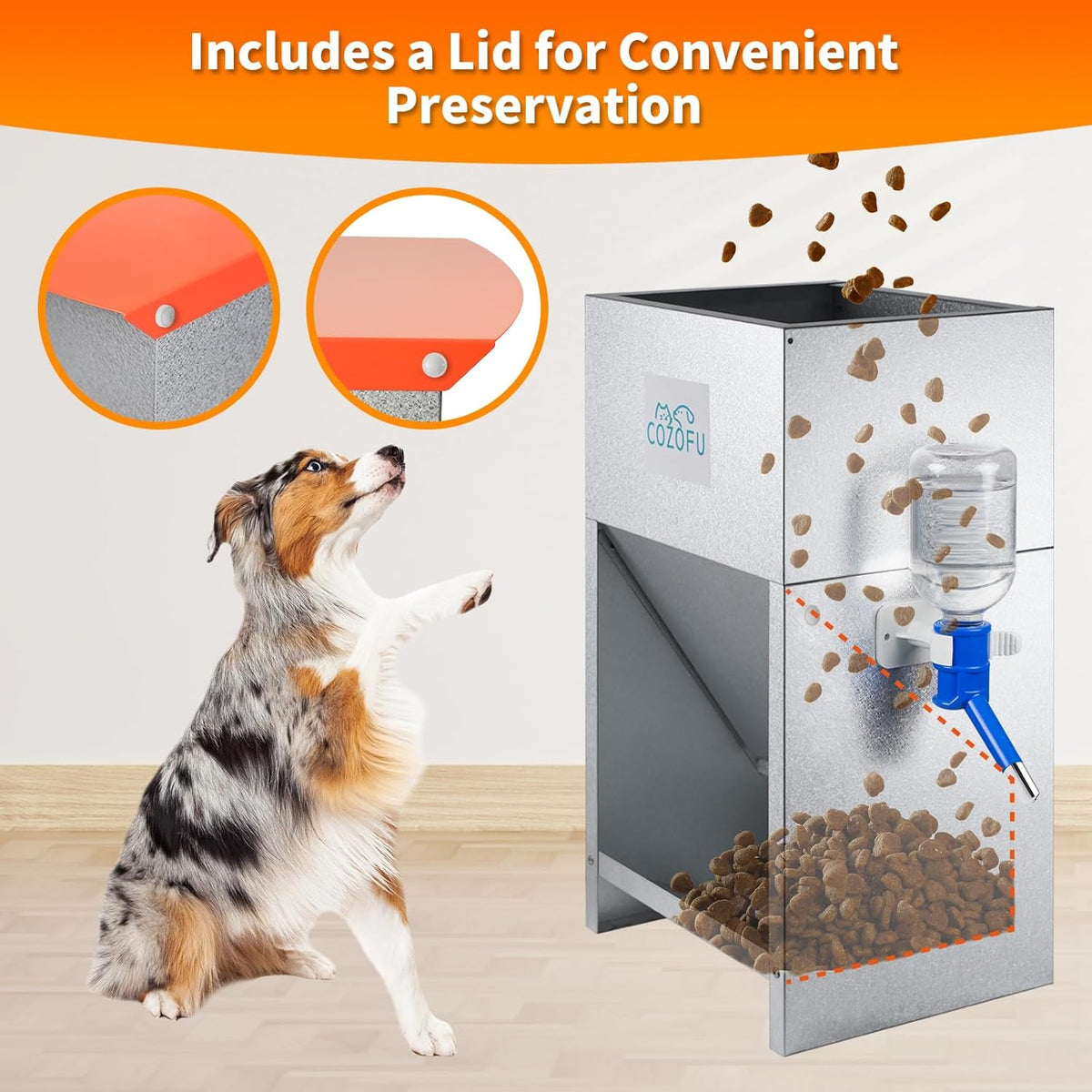 Automatic Gravity-Fed Dog Feeder with Water Bowl - Galvanized Steel Indoor/Outdoor Pet Food Station
