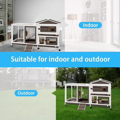 Rabbit Hutch Indoor Outdoor Two Story Bunny Hutch with Wheels Guinea Pig Cage with Removable No