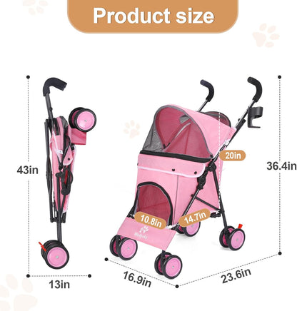 Umbrella Dog Stroller, 4 Wheels Pet Strolling, Foldable Carrier Pet Stroller for Small Dogs Cats
