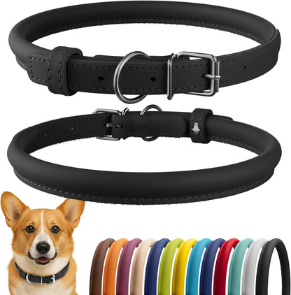 CollarDirect Rolled Leather Dog Collar, Soft Padded Round Puppy Collar, Handmade Genuine Leather