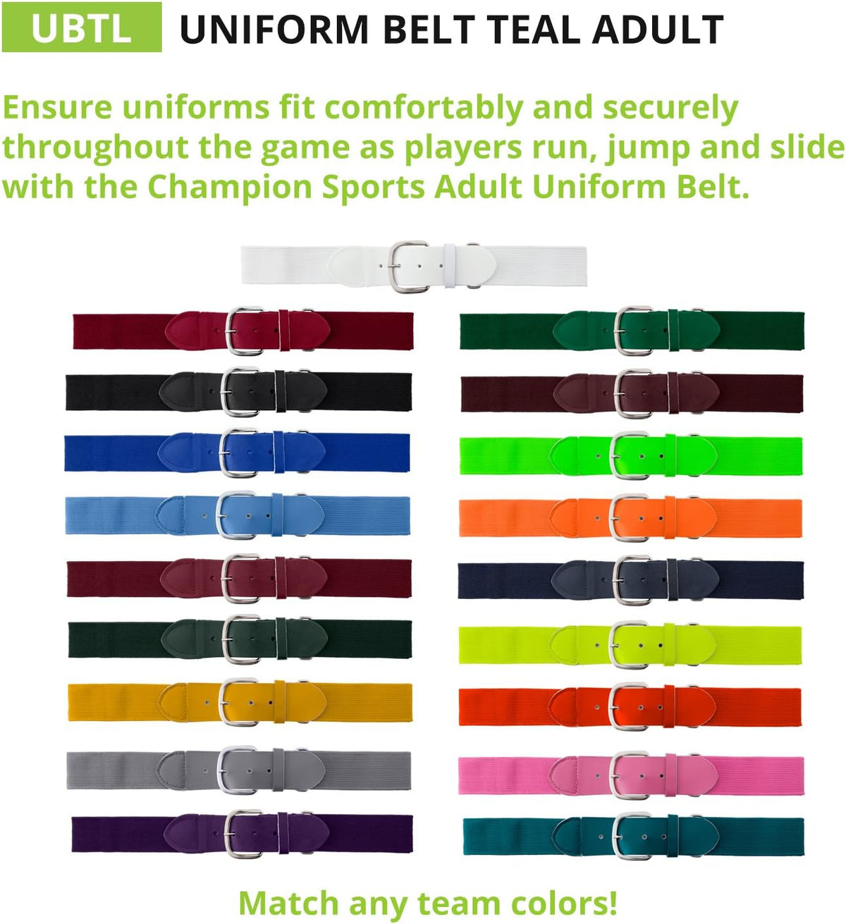 Champion Sports Baseball/Softball Uniform Belt, Comfort Stretch Fit Durable Syntex Tab - Youth &