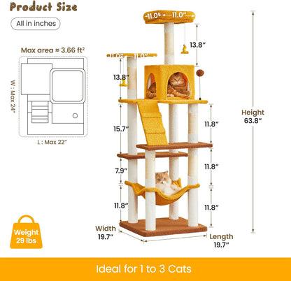 MWPO Cat Tree, 63.8-Inch Cat Tower for Indoor Cats, Multi-Level Cat Condo with 5 Scratching Posts