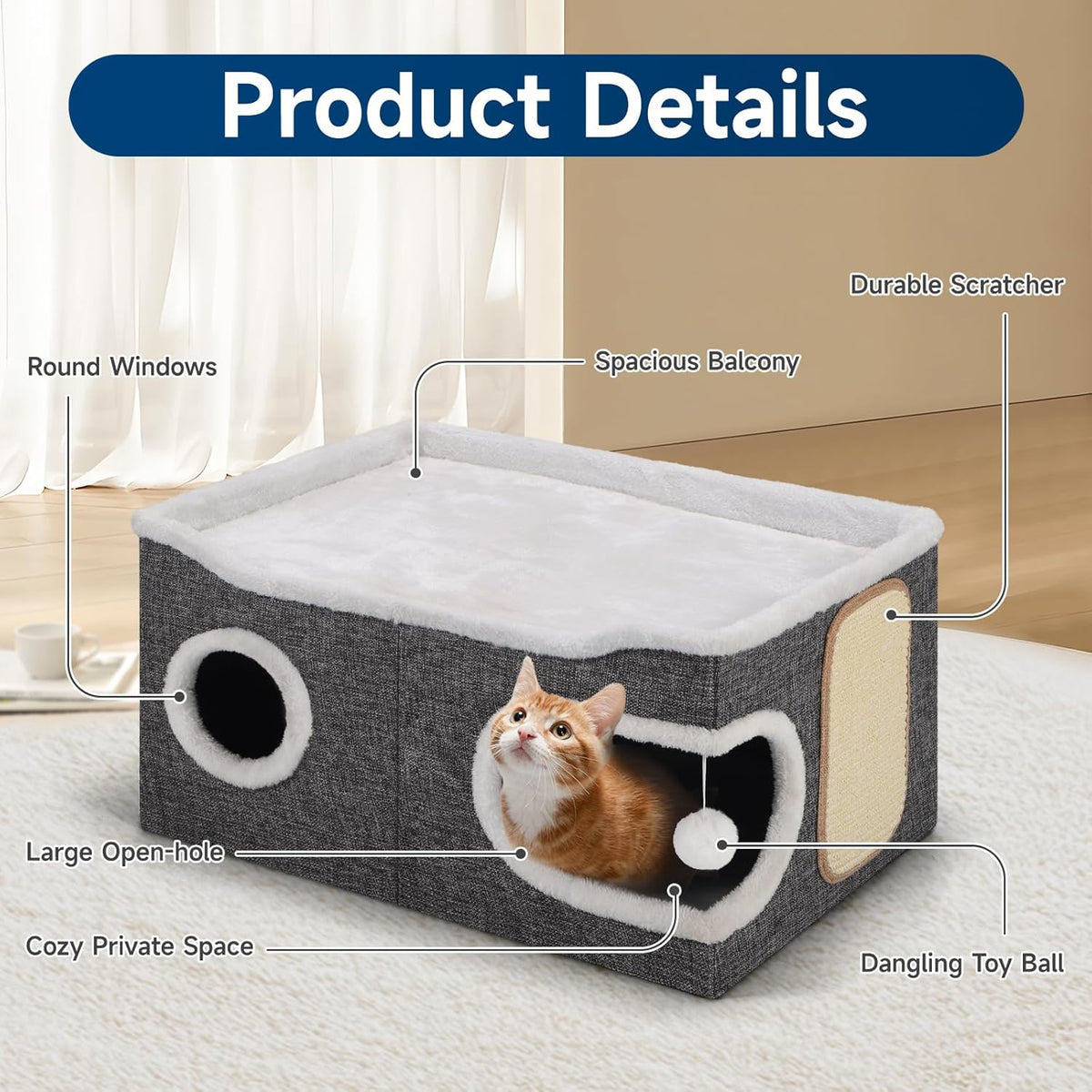Cat Beds for Indoor Cats, Extra Wide Cat Cube House for Multi Cats, Foldable Cat Cave Hideaway with