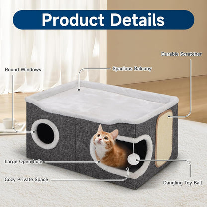 Cat Beds for Indoor Cats, Extra Wide Cat Cube House for Multi Cats, Foldable Cat Cave Hideaway with