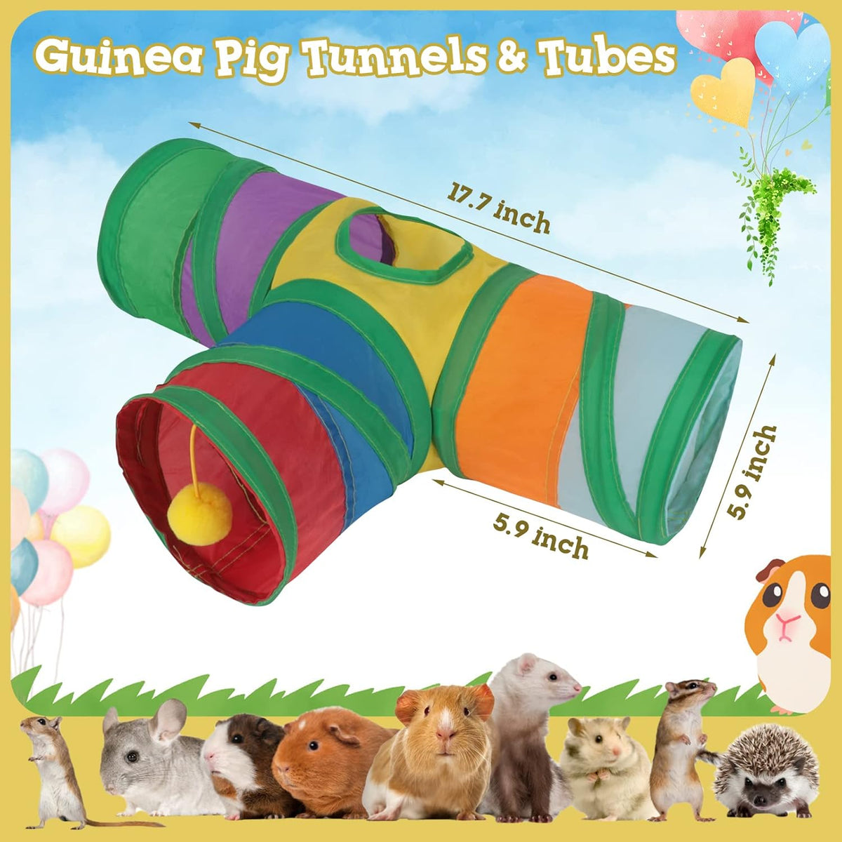 Rypet Guinea Pig Tunnel 3 Way Collapsible Small Pet Tunnels and Tubes with Interactive Ball for