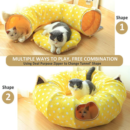 AUOON Cute Cat Donut Tunnel - Round Cat Tunnel Bed with Washable Cushion Interactive Cat Toy for
