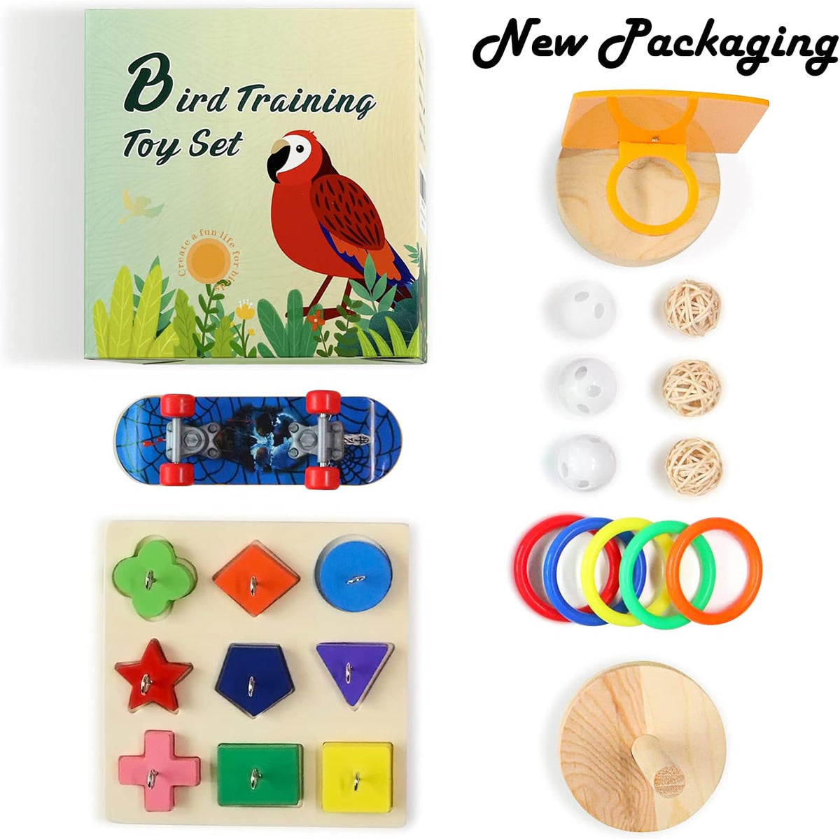 Bird Toys For Parakeets,5pcs Parrot Toys Set （Include Bird Basketball Toy、Bird Skateboard、Bird