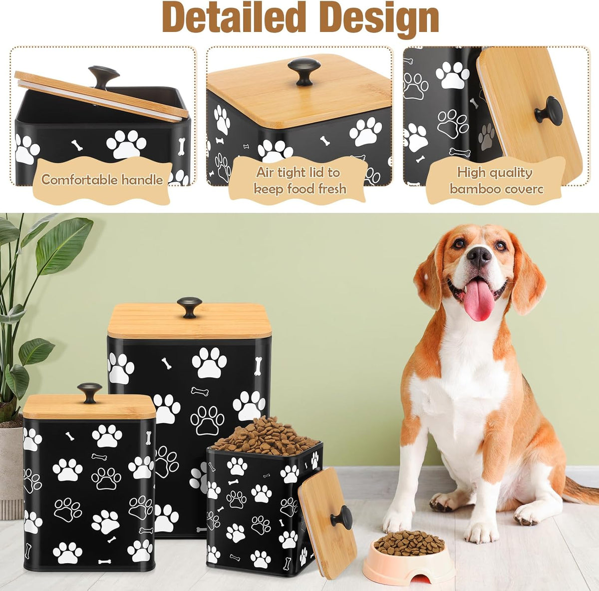 3 Pack Airtight Dog Food Containers with Bamboo Lids, Metal Dog Treat Jars Canisters for Kibble