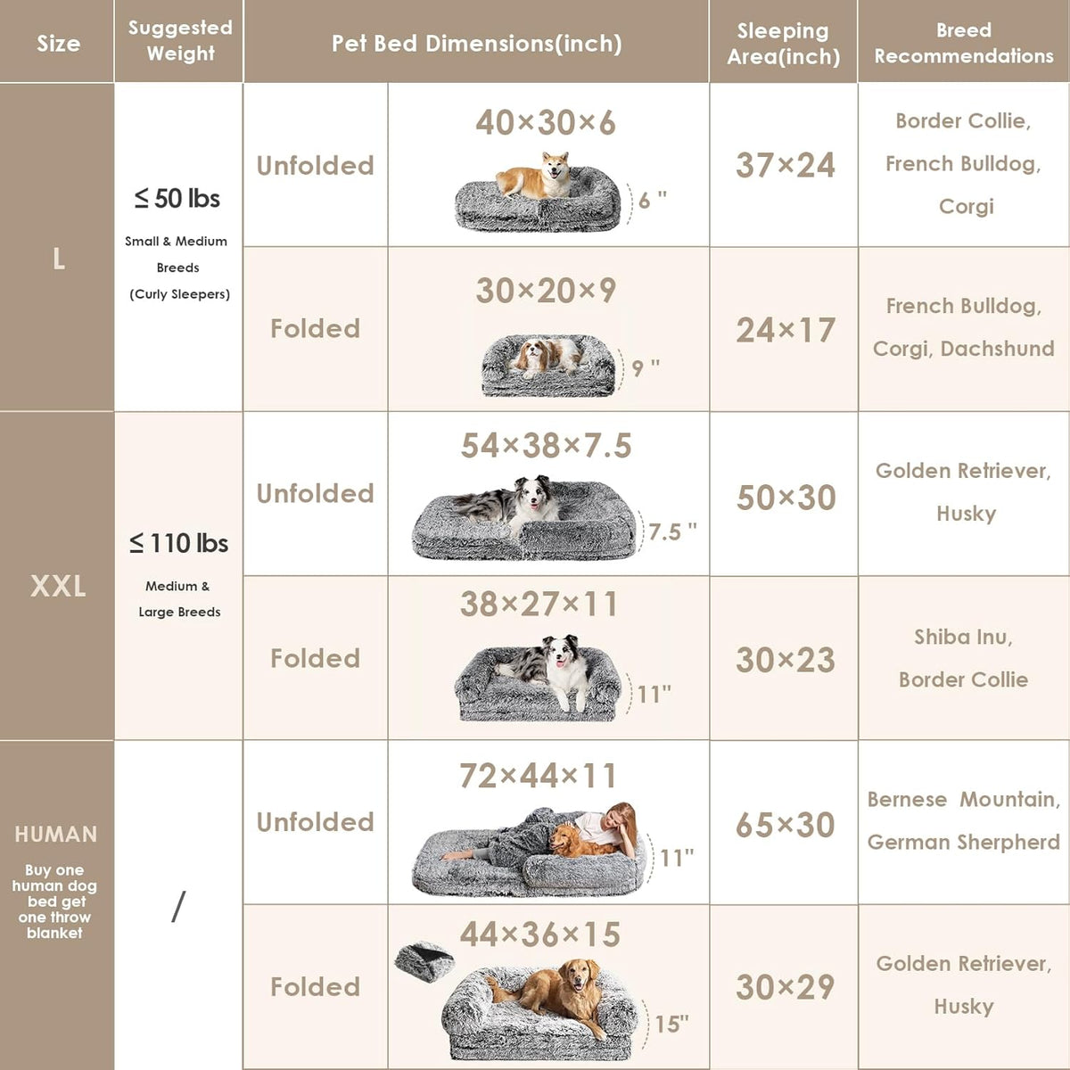 EHEYCIGA Foldable XXL Dog Bed, Faux Fur Fluffy Pet Couch Bed for Extra Large Dogs, Orthopedic