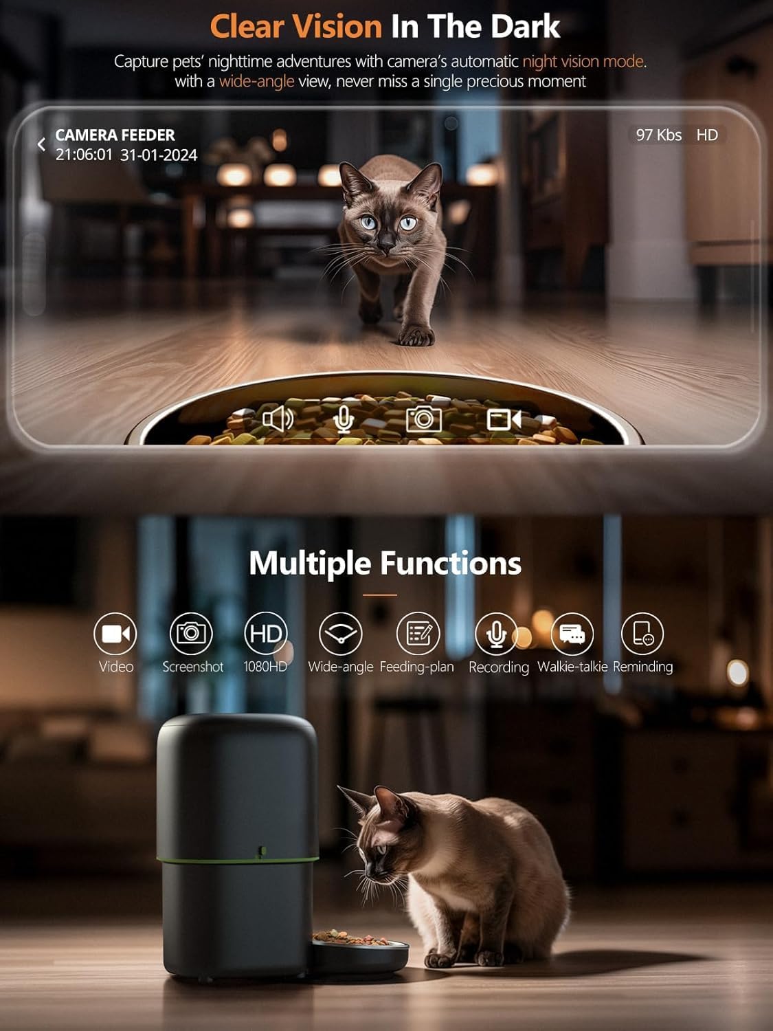 Automatic Cat Feeder with Camera - 5G WiFi Auto Cat Food Dispenser, 1080P HD Video with Night