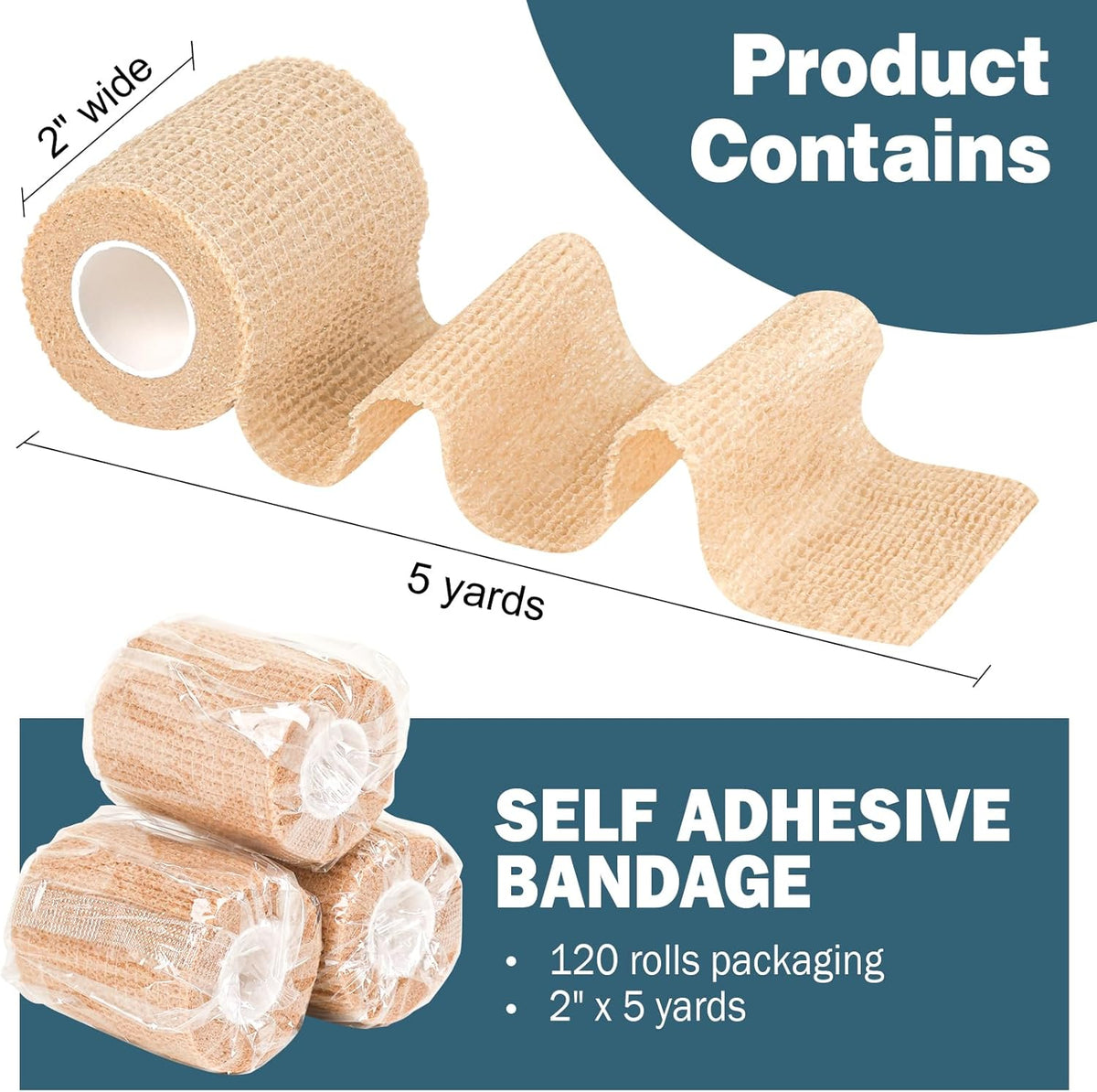 AZEN 120 Pack Self Adhesive Bandage Wrap, 2" X 5 Yards Elastic Cohesive Bandage Wrap, Skin Color