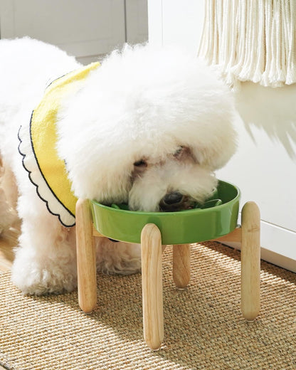 LE TAUCI Ceramic Slow Feeder Dog Bowls Elevated, 3 Cup Raised Bowl with Wooden Stand for Medium