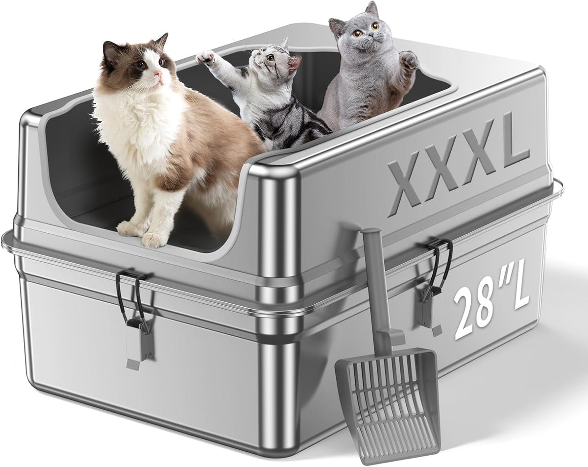 All-Metal 28" Extra Large Stainless Steel Cat Litter Boxes with Lid Metal Cat Litterbox Pan for Big