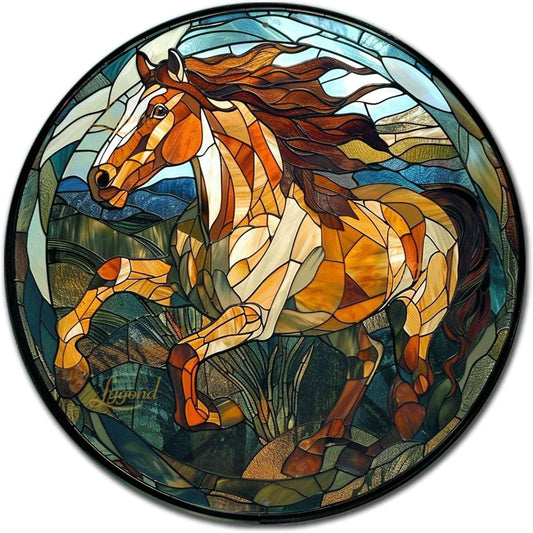 Lygond Metal Sign Tin Sign Circular Stained Glass American Mustang Garden Metal Sign for Gift 8×8