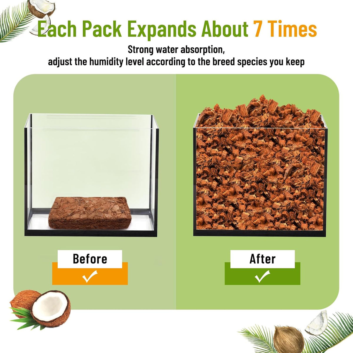 Riare 2 Pack Natural Coconut Chip Substrate for Reptiles- Compressed Coconut Husk Reptiles Bedding