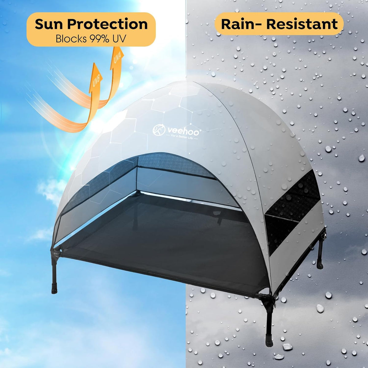 Veehoo Outdoor Dog Bed with Canopy, Cooling Elevated Pet Cot with Removable Shade, Non-Slip Feet