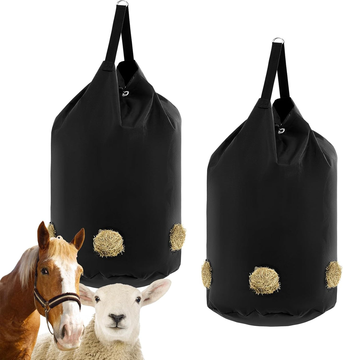 2 Pcs hay Bags for Horses Goats Slow Feed 1680D Oxford Bag Black Large Capacity Net Open Feed Hole