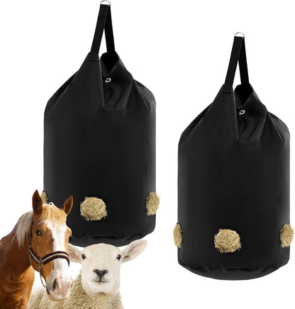 2 Pcs hay Bags for Horses Goats Slow Feed 1680D Oxford Bag Black Large Capacity Net Open Feed Hole