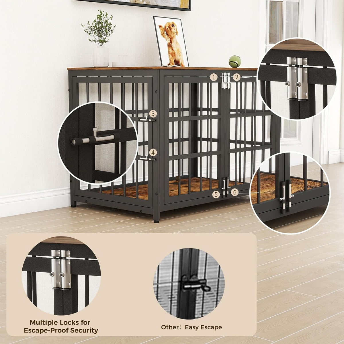 38 Inch Heavy Duty Wooden Dog Kennel End Table with Double Door Design and Secure Locks, Indoor Pet