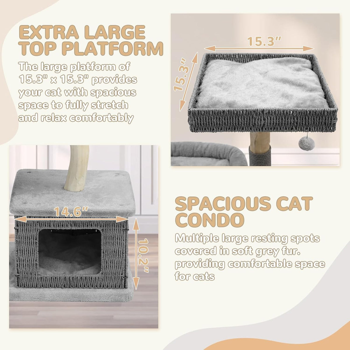 Modern Cat Tree for Large Cats - Multi-Level Wooden Tower with Scratching Posts, Large Jumping
