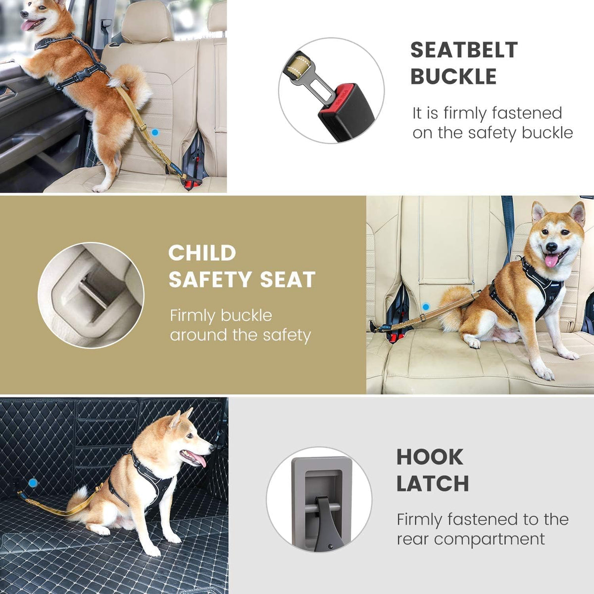 IOKHEIRA Dog Seat Belt 3-in-1 Car Harness for Dogs Adjustable Safety Seatbelt for Car Durable Nylon