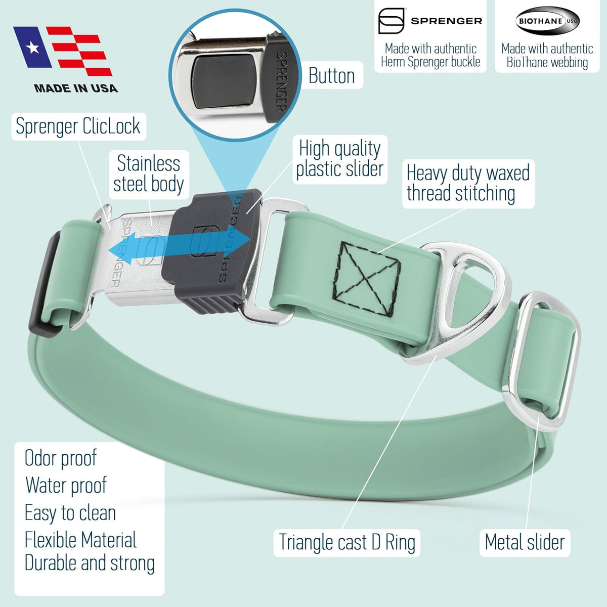 Dogline Biothane Waterproof Dog Collar with Herm Sprenger Black Stainless Steel Quick Release