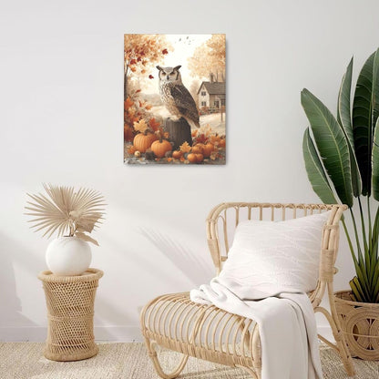 Fall Owl Wall Art Autumn Pumpkin Leaves Wall Decor Rustic Canvas Print Farmhouse Pictures Painting