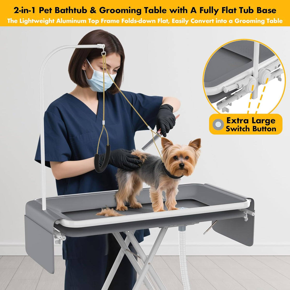 PAWZIDEA 2-in-1 Portable Dog Bathtub & Grooming Table, 33" Foldable Pet Washing Station for Small
