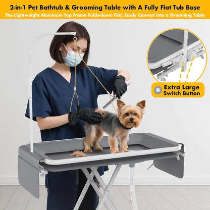 PAWZIDEA 2-in-1 Portable Dog Bathtub & Grooming Table, 33" Foldable Pet Washing Station for Small