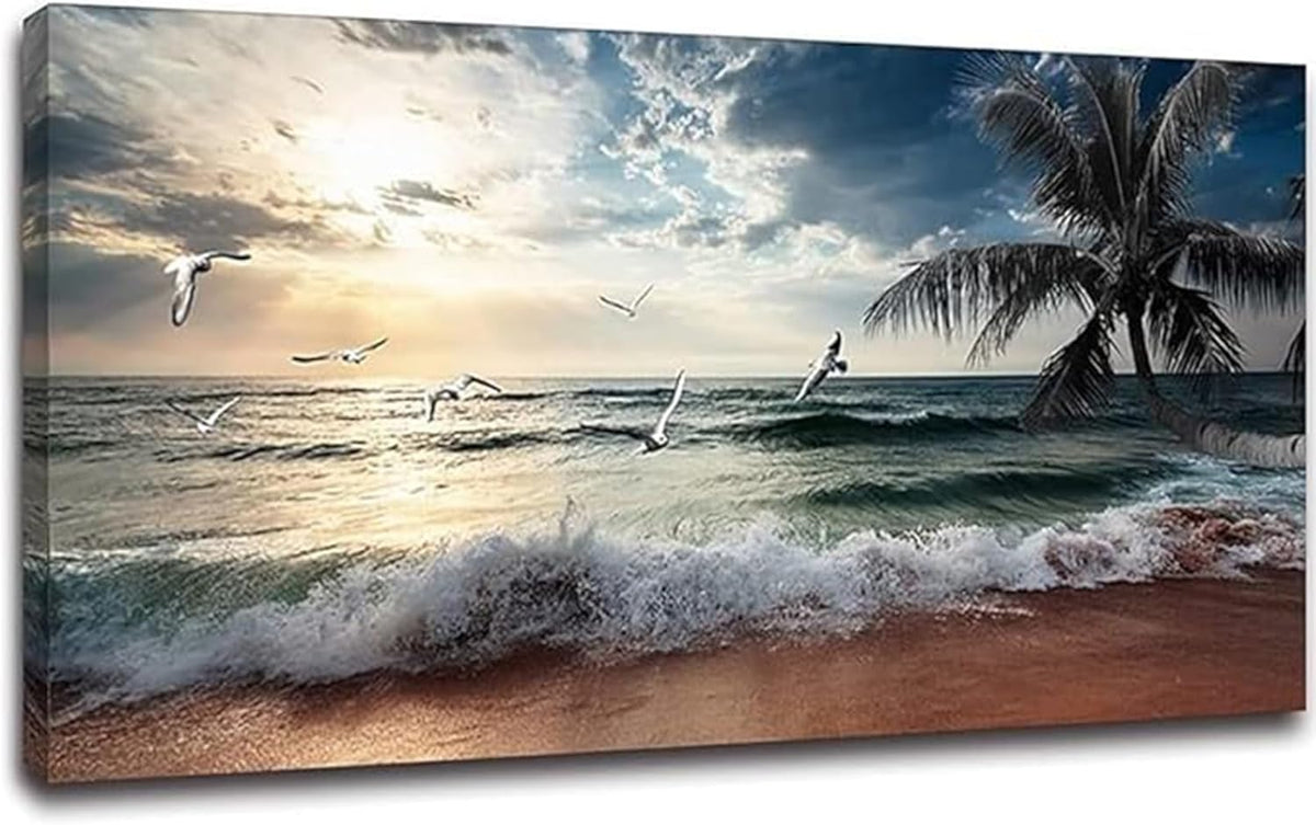 Yxbhhym Large Beach Ocean Canvas Wall Art Coast Sunset Sea Paintings Poster Seascape Picture Palm