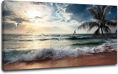Yxbhhym Large Beach Ocean Canvas Wall Art Coast Sunset Sea Paintings Poster Seascape Picture Palm