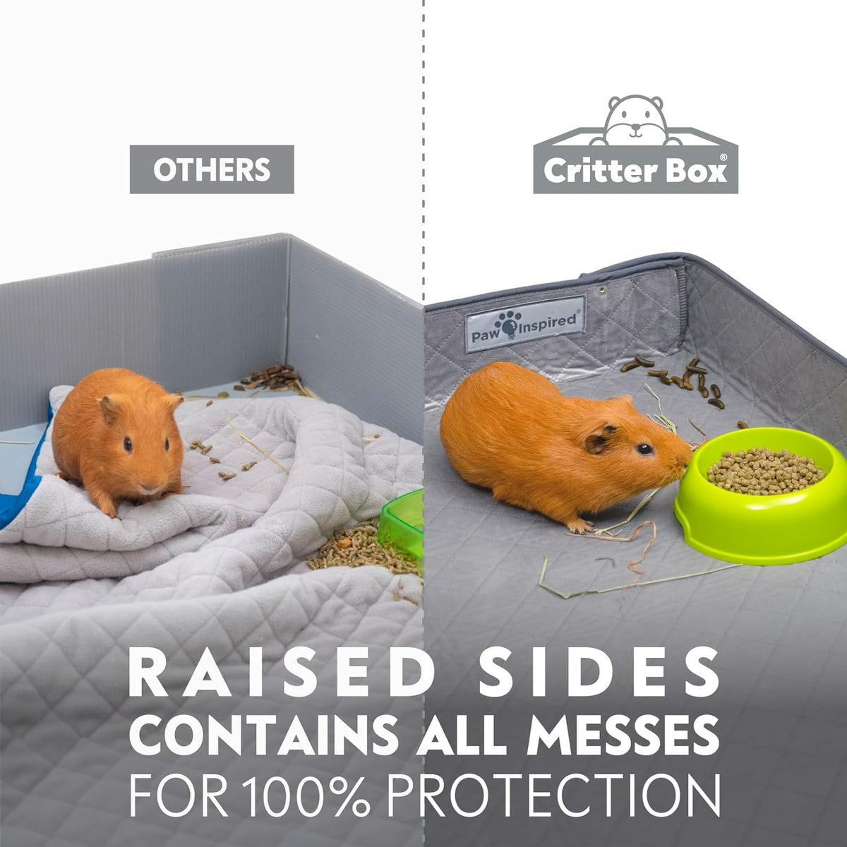 Paw Inspired Critter Box Washable Cage Liner, Reversible Fleece Bedding with Raised Sides for