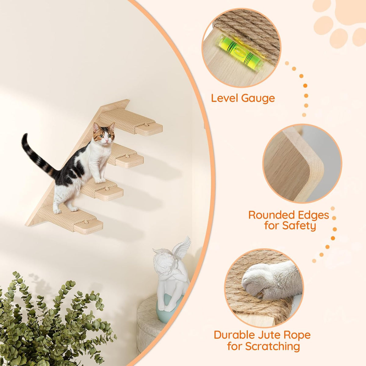 HOOBRO Cat Wall Shelf Set of 2, Wall Mounted 4-Level Cat Steps with Jute Scratching Steps, Hammock