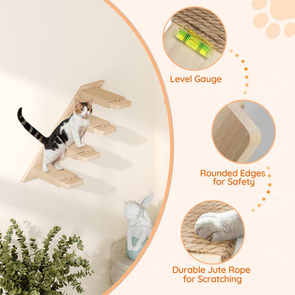 HOOBRO Cat Wall Shelf Set of 2, Wall Mounted 4-Level Cat Steps with Jute Scratching Steps, Hammock