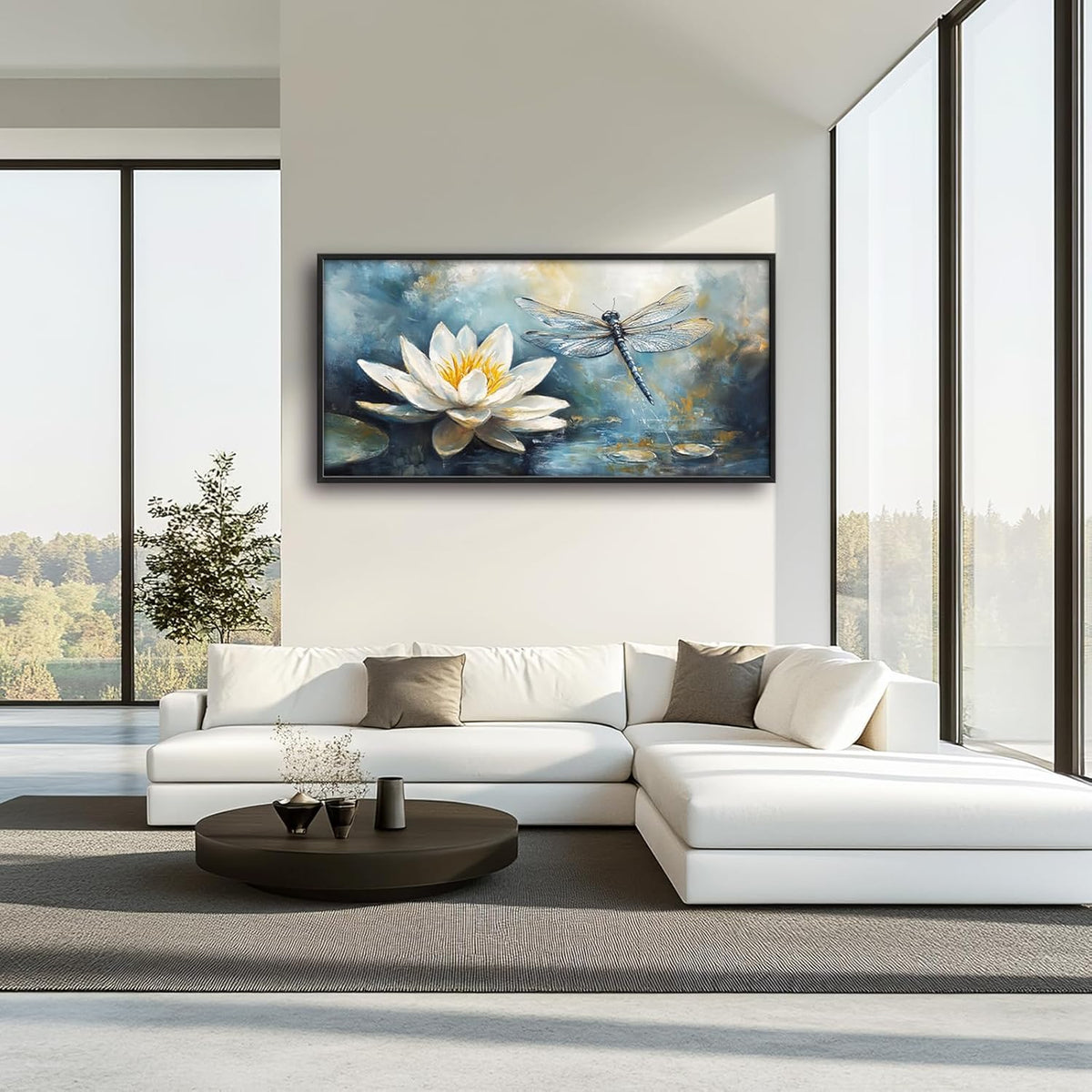 Extra Large Lotus Dragonfly Framed Wall Art for Living Room,Abstract Blue Lotus Flower Lake