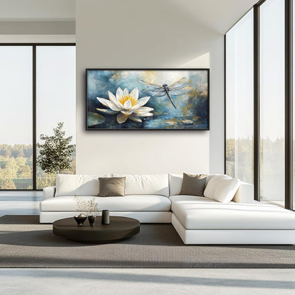 Extra Large Lotus Dragonfly Framed Wall Art for Living Room,Abstract Blue Lotus Flower Lake